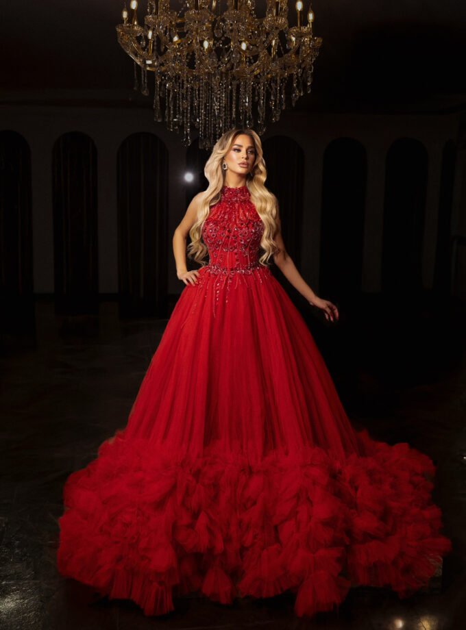 Red Beaded High-Neck Ball Gown - Ruffled Tulle Princess Wedding Dress