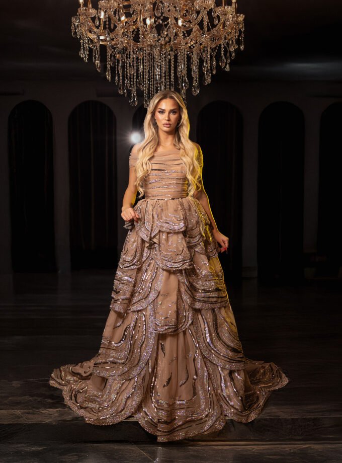 Champagne Sequin Tiered Evening Gown - Off-The-Shoulder Tulle Gala Dress