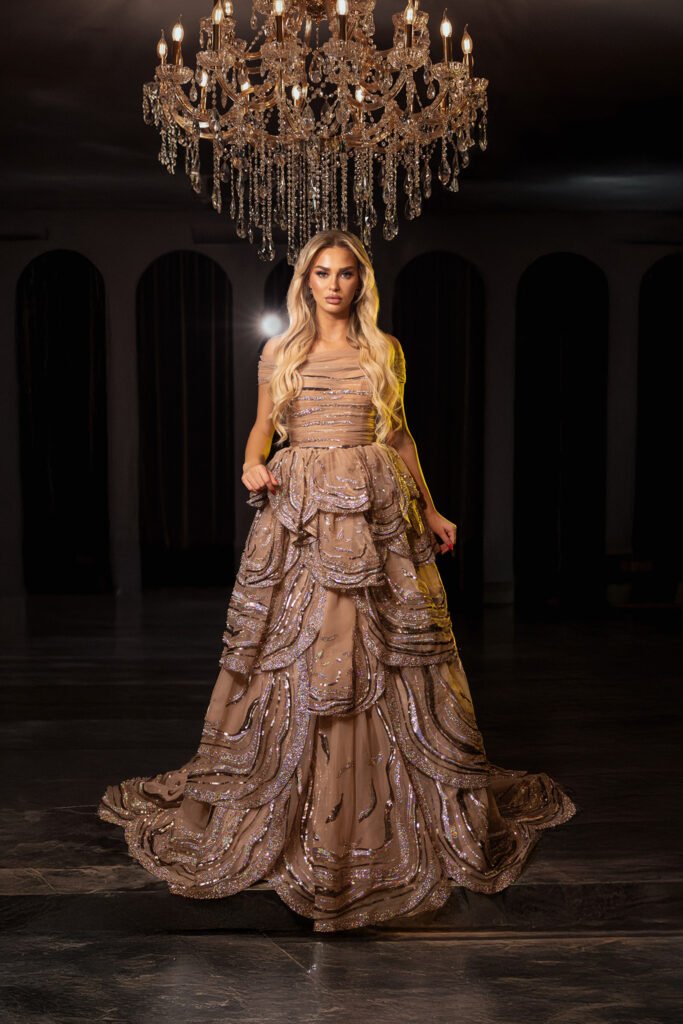 Champagne Sequin Tiered Evening Gown - Off-The-Shoulder Tulle Gala Dress