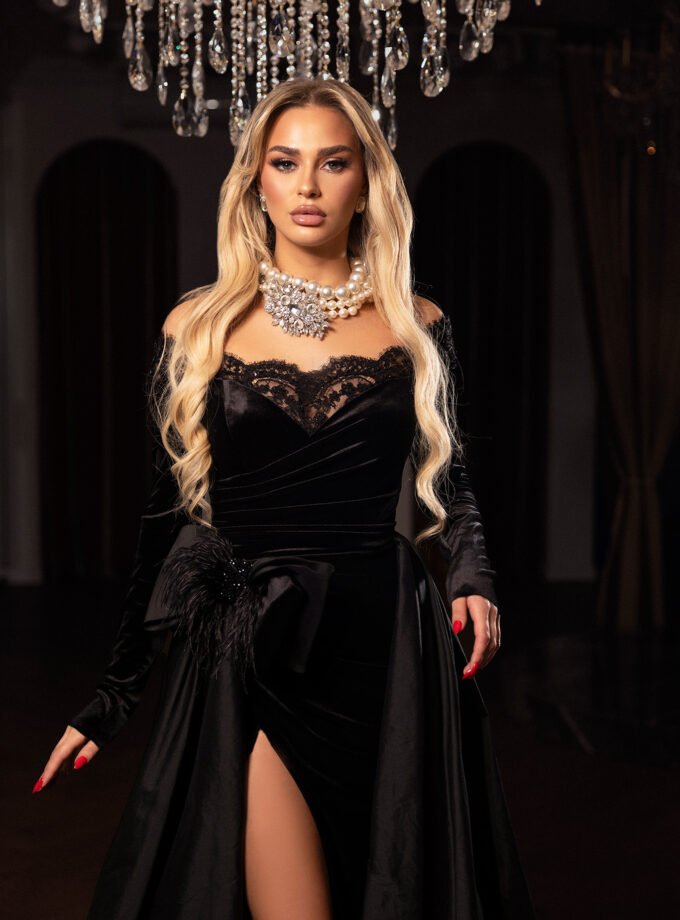 Black Velvet Sweetheart Evening Gown - Lace Trim High Slit Dress with Satin Over-Skirt