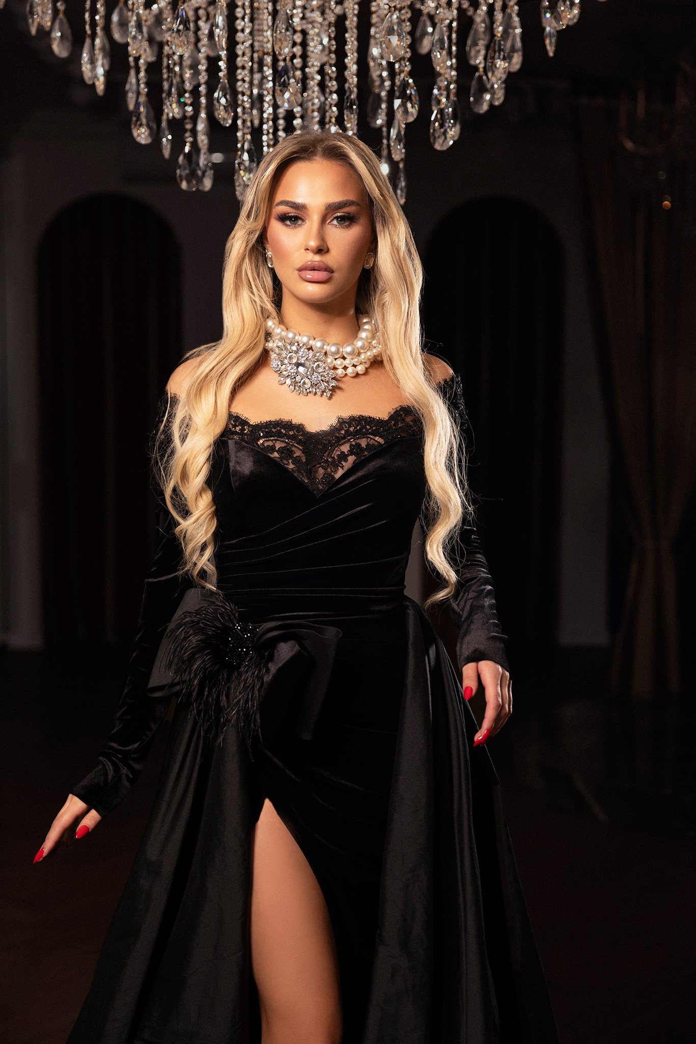 Black Velvet Sweetheart Evening Gown - Lace Trim High Slit Dress with Satin Over-Skirt