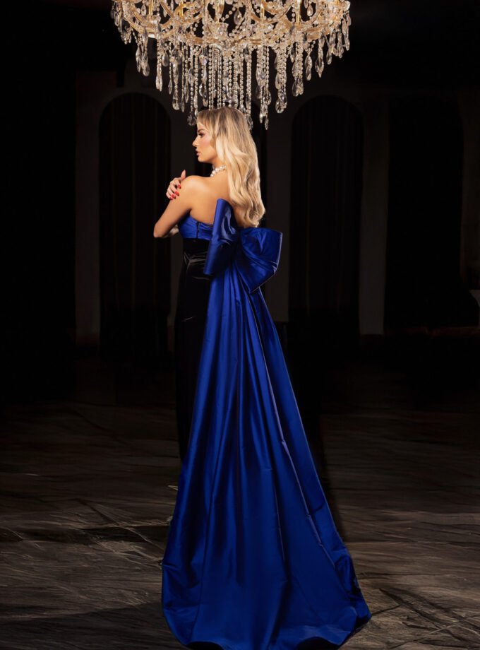 Royal Blue and Black Strapless Evening Gown - High Slit Velvet Dress with Dramatic Back Bow