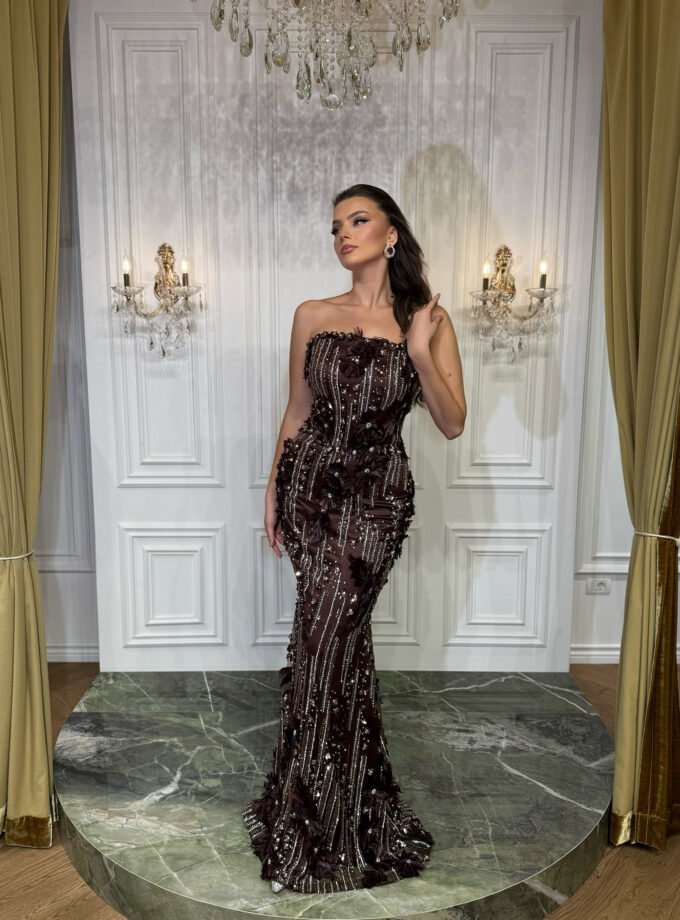 Chocolate Brown Crystal Beaded Evening Gown - Strapless Strappy 3D Floral Feather Dress