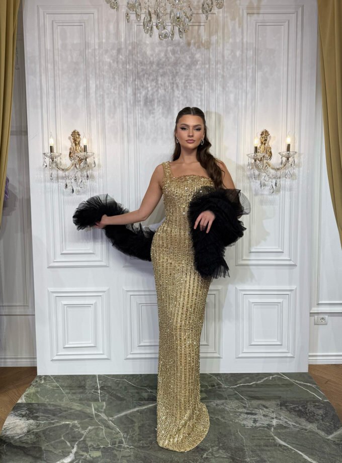 Gold Crystal Beaded One-Shoulder Evening Gown - Shimmering Column Dress with Black Ruffled Stole