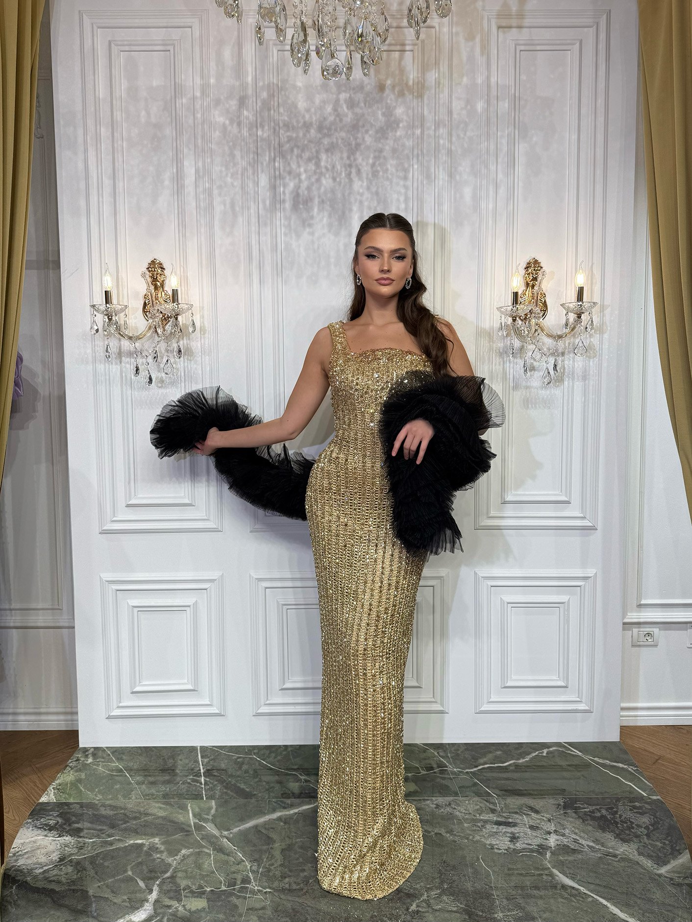 Gold Crystal Beaded One-Shoulder Evening Gown - Shimmering Column Dress with Black Ruffled Stole